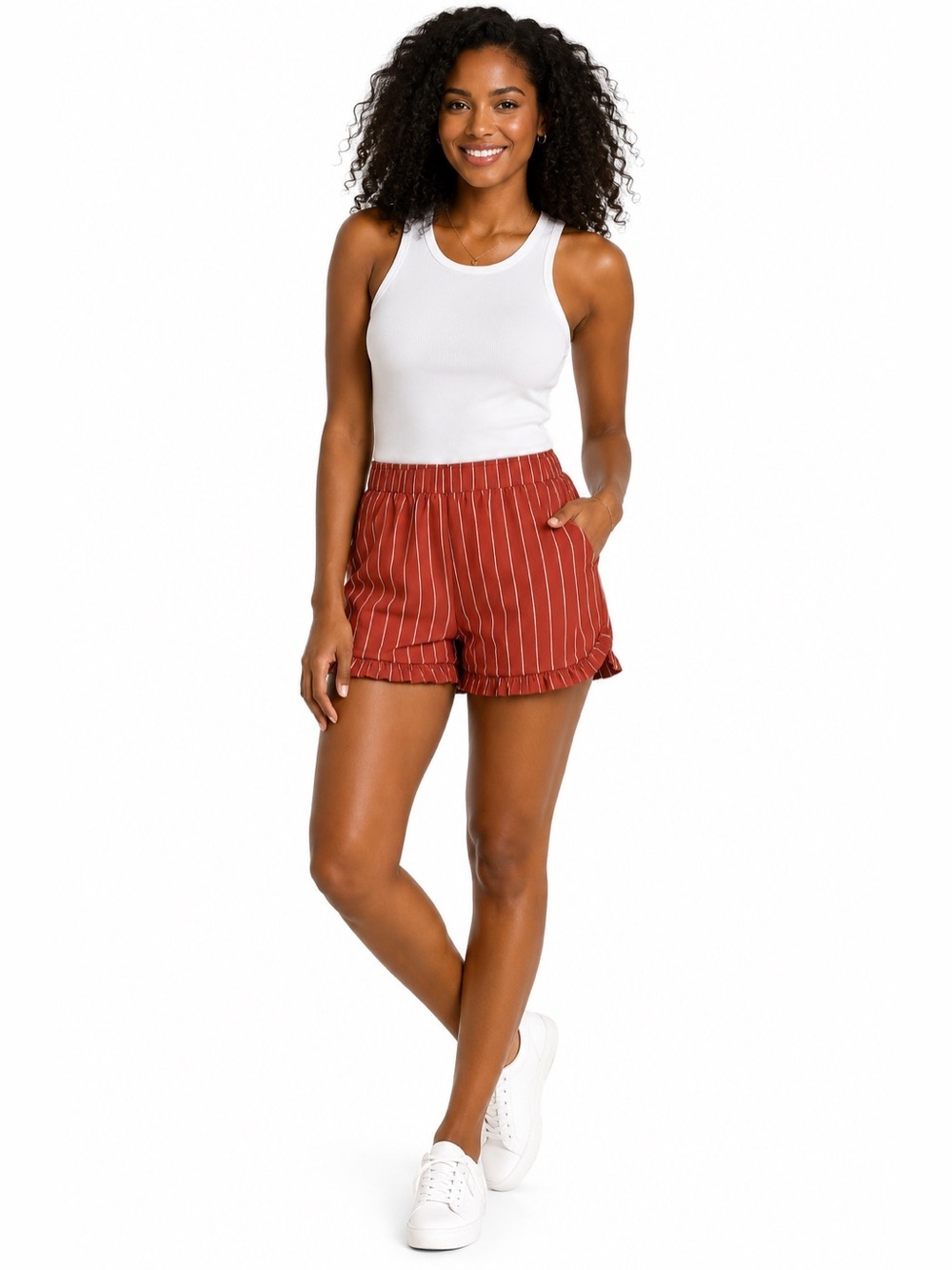 💜 2 for $10 - Vero Moda AWARE Rust Pinstripe Ruffle Hem Shorts Size Medium NWT
